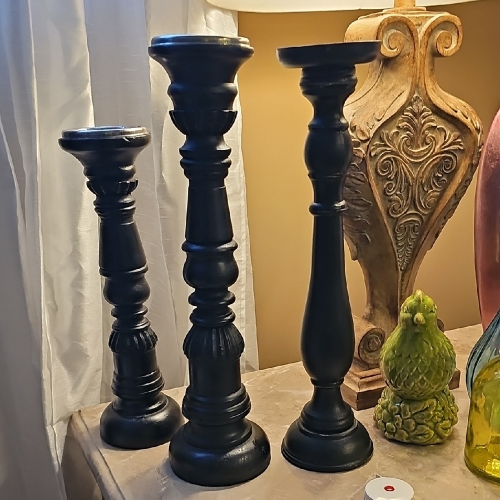 RusticSophisticated Black Candle Holder Trio Brand New Set Of 3 Large Heavy Wood